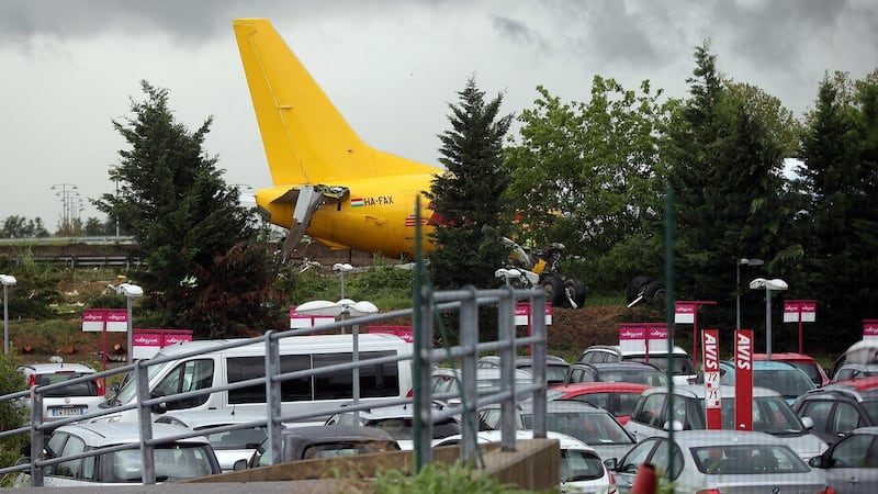 The DHL courier company’s Boeing 737-400 cargo aircraft rests on a road after it came off the runway after landing at the airport of Bergamo Orio al Serio, Italy, 05 August 2016. Photograph: Matteo Bazi/EPA