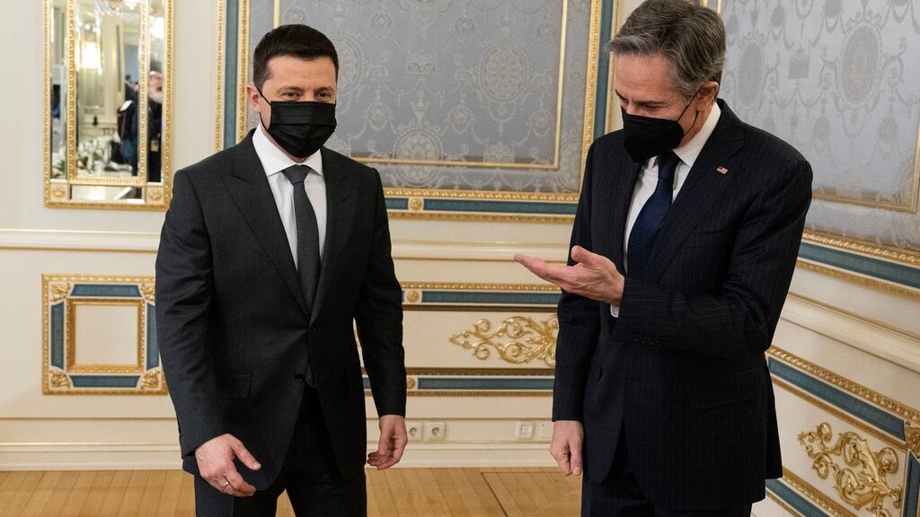 Ukrainian president Volodymyr Zelensky and US secretary of state Antony Blinken at the Bankova, in Kyiv, on Wednesday. Photograph: Alex Brandon/AP Photo