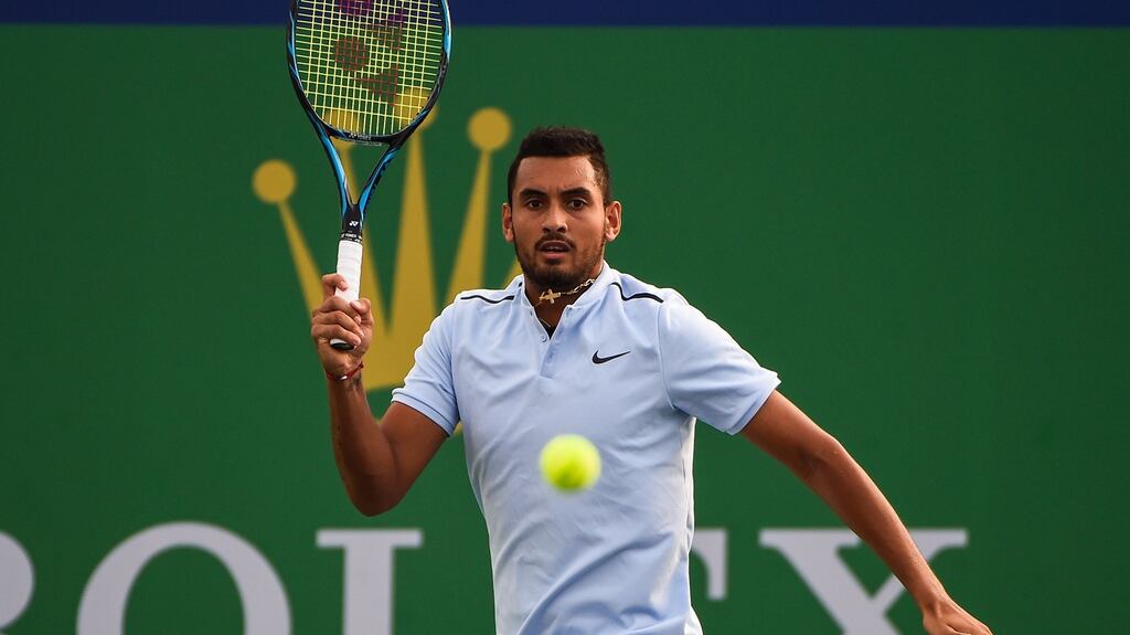 Nick Kyrgios of Australia hits a return during his match against Steve Johnson at the Shanghai Masters. Photograph: Getty Images