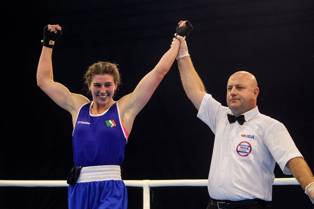 Ireland’s Aoife O’Rourke celebrates after winning her middleweight semi-final bout against Sweden's Love Holgersson. Photograph: Aleksandar Djorovic/Inpho
