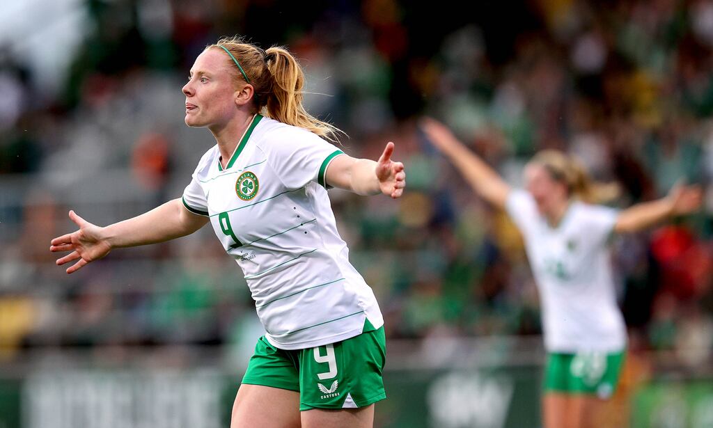Amber Barrett celebrates scoring Ireland's third goal from a penalty at Tallaght Stadium on Thursday. Photograph: Ryan Byrne/Inpho
