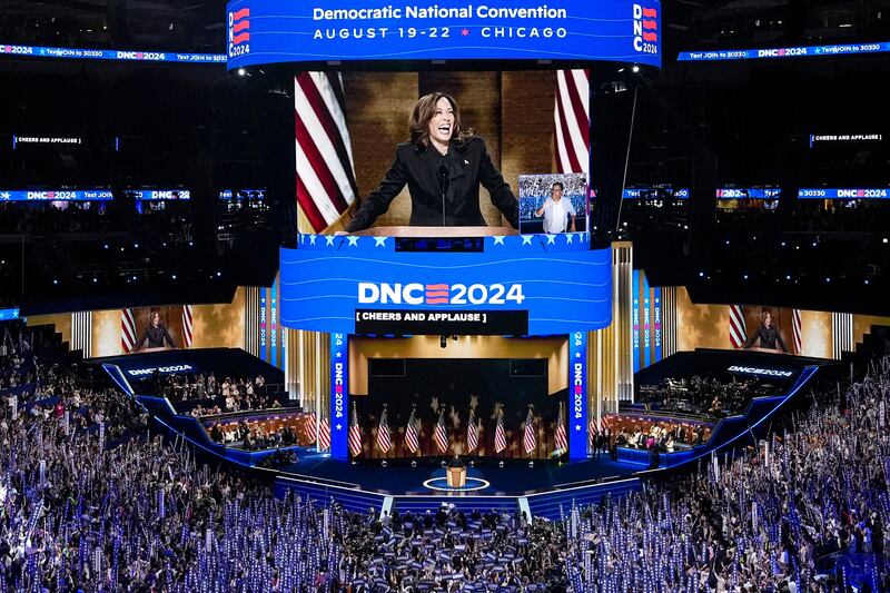 Kamala Harris at the Democratic National Convention on Thursday. Photograph: Al Drago/Bloomberg