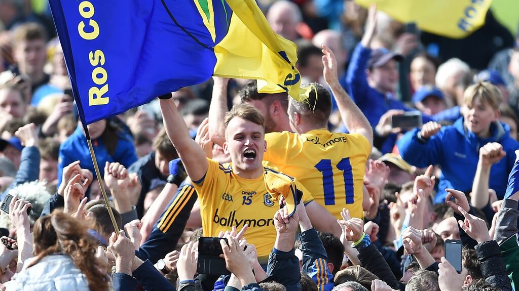 Enda Smith celebrates after Roscommon beat Galway to win the 2019 Connacht SFC title. Photograph: Tommy Grealy/Inpho