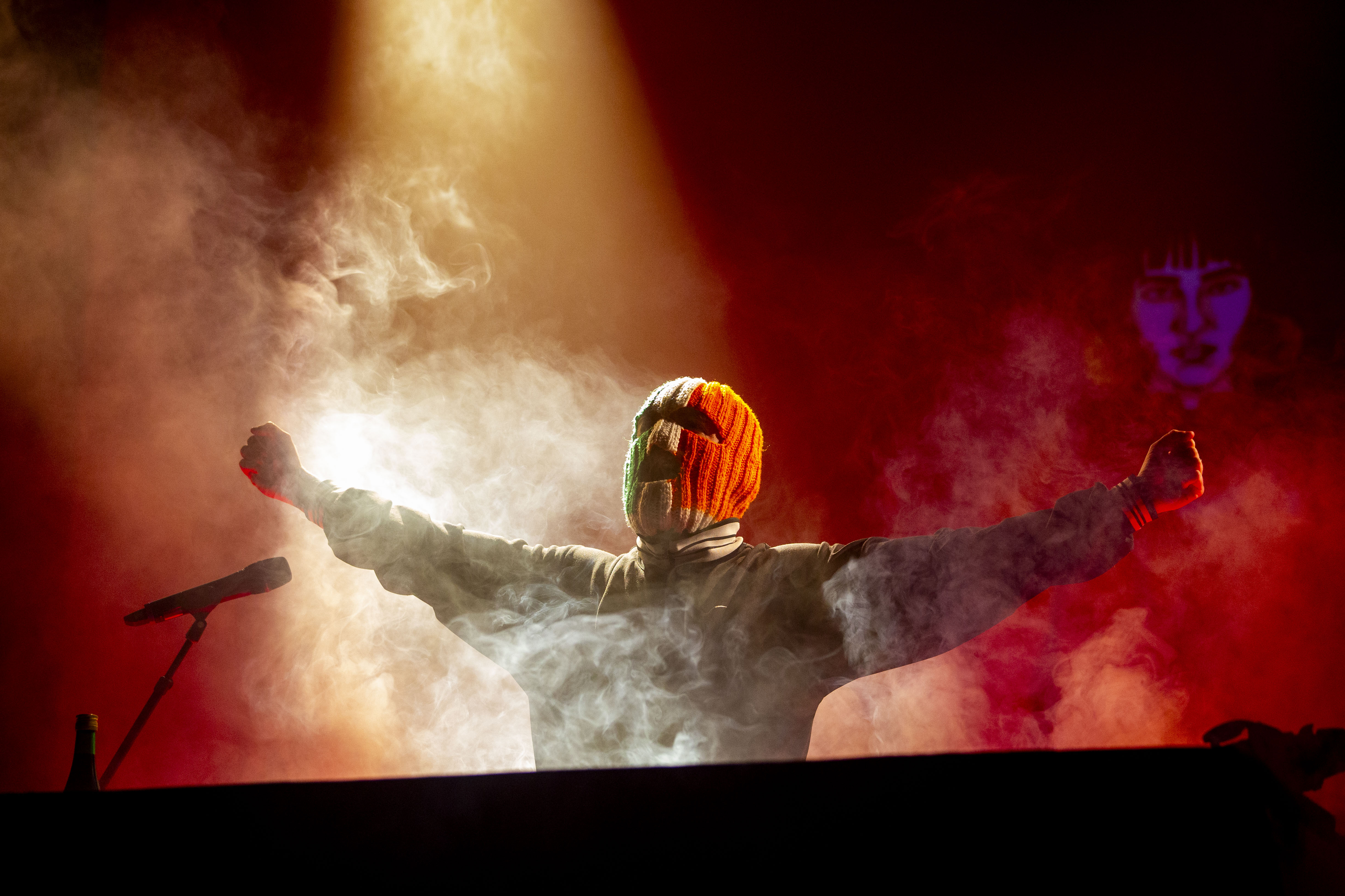 DJ Próvaí of Kneecap performing at the 3Olympia Theatre. Photograph: Tom Honan