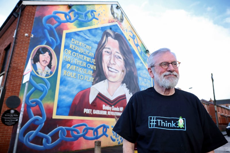 Gerry Adams at the Bobby Sands memorial on the Falls Road, Belfast. Photograph: Stephen Davison/Pacemaker