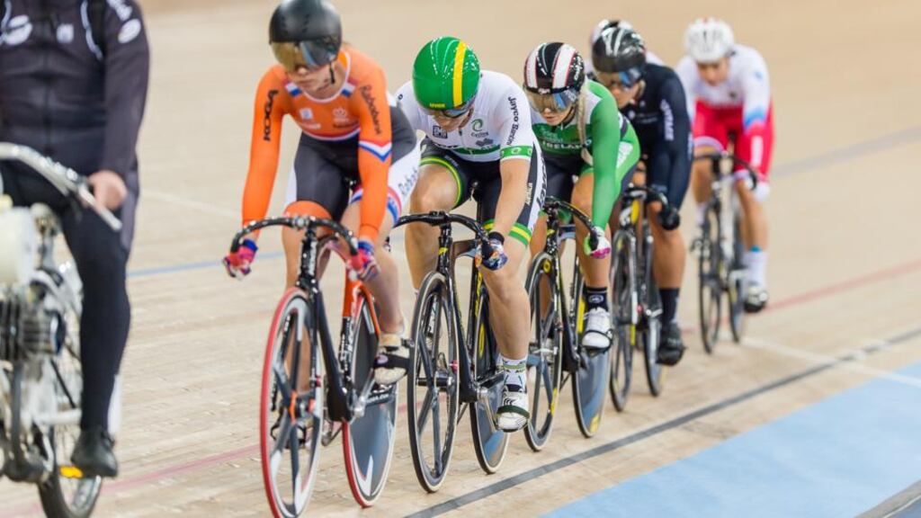 Shannon McCurley, in the green cycling gear, at the UCI Track Cycling World Championships 2016 in London