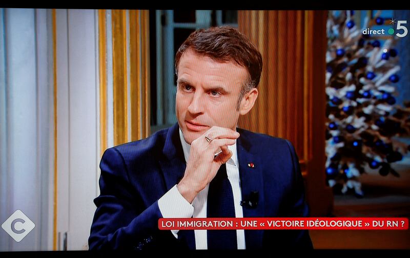 Emmanuel Macron speaks during an interview on French television on Wednesday night. Photograph:Ludovic Marin/AFP via Getty Images