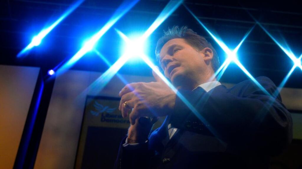 Britain’s deputy prime minister, and leader of the Liberal Democrats, Nick Clegg, has said a second coalition would be a better outcome for Britain than single-party government, as it would allow the Lib Dems to act as a restraining influence on either of the larger parties.Photograph: Russell Cheyne/Reuters