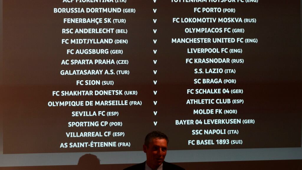 The match fixtures are shown on an electronic panel following the draw of the 2015/16 UEFA Europa League Round of 32 at the UEFA Headquarters in Nyon, Switzerland. Photo: Laurent Gillieron/PA