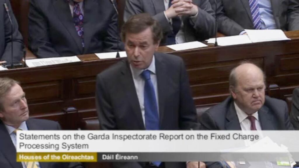 ‘It was not until Alan Shatter’s second outing in the Dáil on Wednesday when he apologised to the whistleblowers that Labour jiggers began to ease.’ Above, Shatter flanked by Taoiseach Enda Kenny and Minister for Finance Michael Noonan
