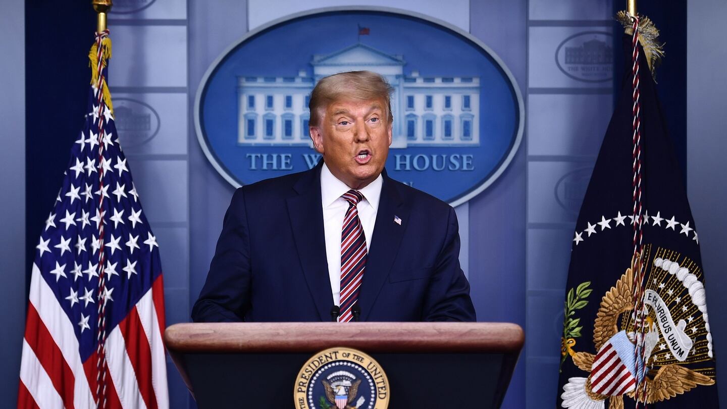 US President Donald Trump speaks at the White House in Washington, DC. Photograph: Brendan Smialowski / AFP