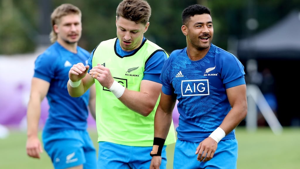 Beauden Barrett and Richie Mo’unga run through drills during a New Zealand training session at the Arcs Urayasu Park in Urayasu on Friday. Photograph: Hannah Peters/Getty Images