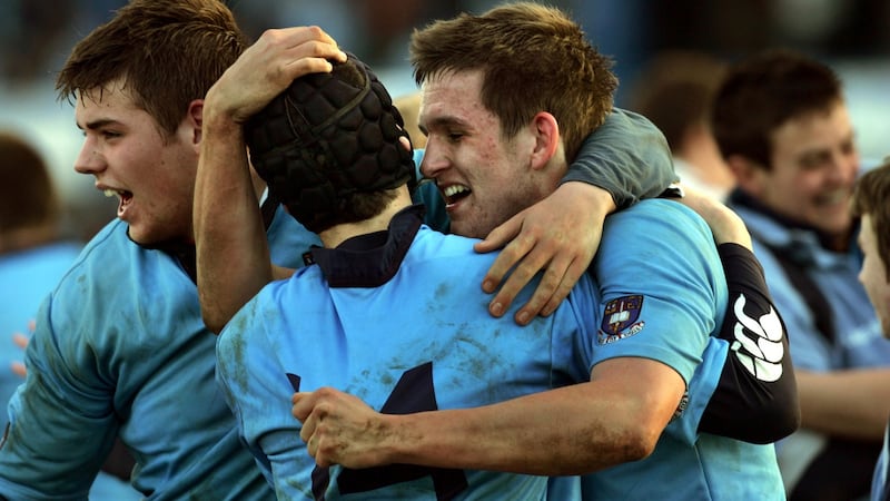 Tyrone McKillen, Paddy jnr’s brother, celebrates St Michael’s College’s victory over Clongowes Wood College in the Leinster Schools senior cup game. Photograph: Matt Kavanagh