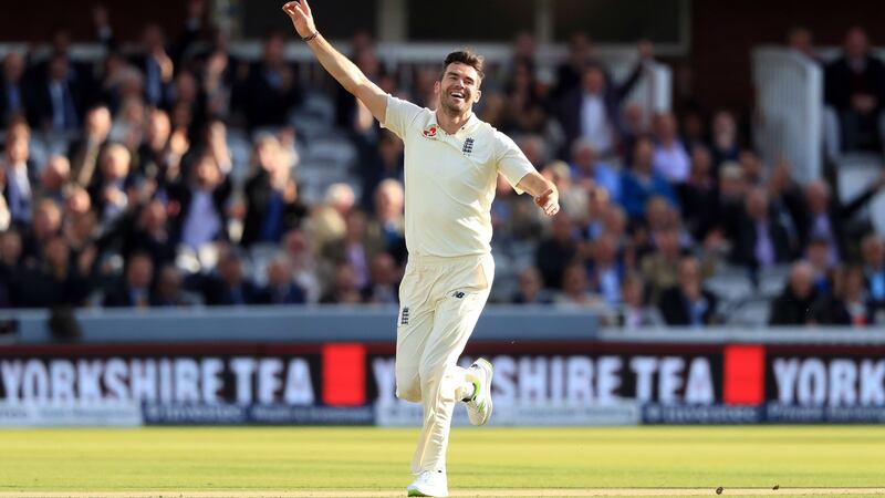 England’s James Anderson celebrates after claiming his 500th Test wicket at Lord’s. Photograph: Adam Davy/PA Wire