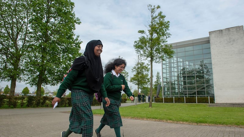 St Louis’s secondary students pictured on the Dundalk IT campus where they will complete the school year after their school was damaged in a fire. Photograph: Ciara Wilkinson.