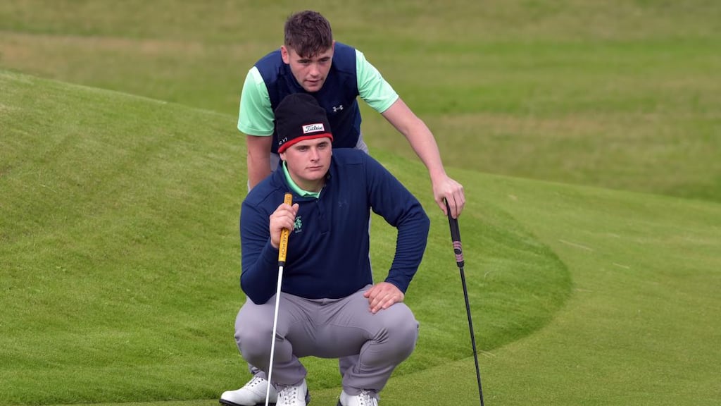 Ireland’s James Sugrue and Robert Brazill lining up their putt on the 9th green during day one of the 2019 Home Internationals at Lahinch Golf Club. Photograph: Pat Cashman