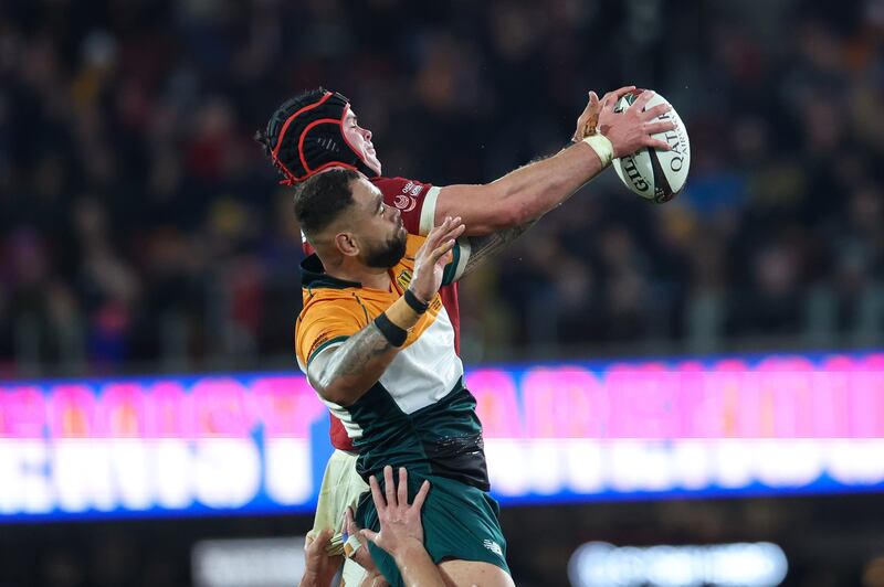 Lions' James Ryan catches the ball from a lineout against AUNZ's Lukhan Salakaia-Loto. Photograph: Billy Stickland/Inpho