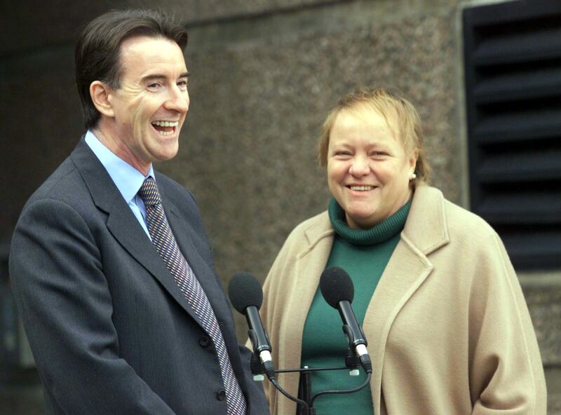 Peter Mandelson, who became Northern secretary in 1999, with his predecessor Mo Mowlam at Stormont. To what extent may Tony Blair have been aware of Mowlam’s impaired health when he moved her out of the post? Photograph: Paul Faith/PA