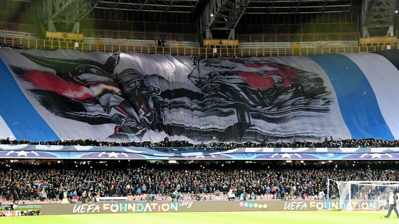 Napoli fans unveil a display before the game. Photo: Ciro Fusco/Reuters