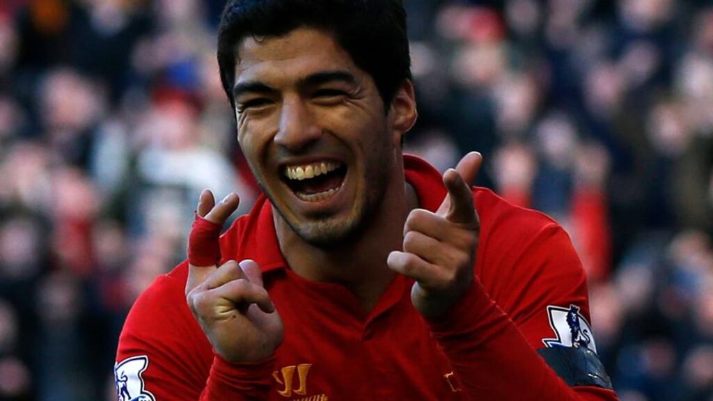 Liverpool's Luis Suarez celebrates his goal against Chelsea. Photograph: Phil Noble/Reuters