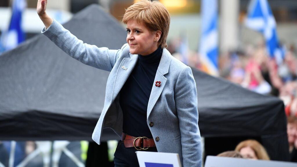 Scotland’s first minister Nicola Sturgeon addresses the rally in George Square in Glasgow on Sunday. Photograph: Jeff J Mitchell/Getty Images