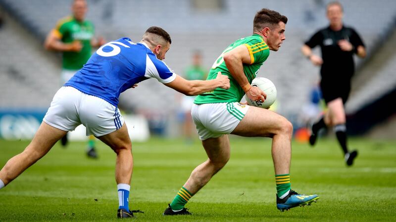 Meath’s Donal Keogan and Robert Pigott of Laois during their Leinster Championship semi-final match at Croke Park, Dublin, on Sunday. Photograph: Ryan Byrne/Inpho