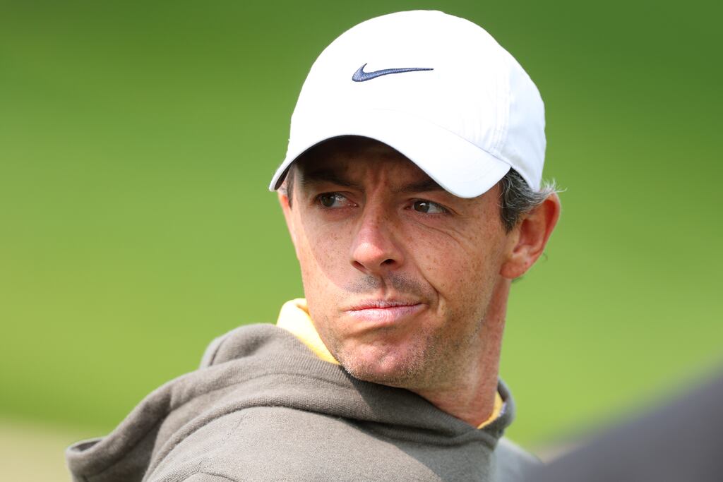 Rory McIlroy of Northern Ireland looks on during a practice round prior to the 2023 PGA Championship at Oak Hill Country Club. Photograph: Andrew Redington/Getty