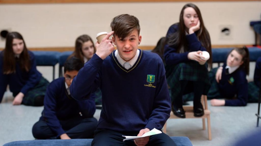 Aivis Kerans of Larkin Community College rehearsing for the students’ play, The Girl With No Name. Photograph: Dara Mac Dónaill