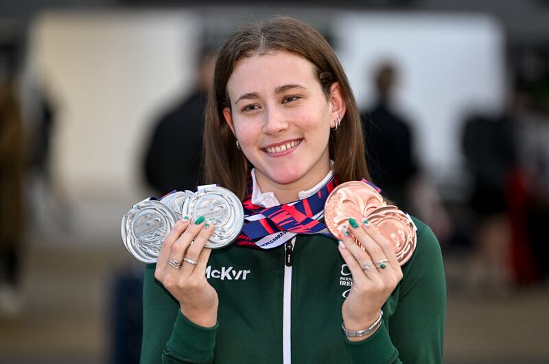Róisín Ní Riain with her five-medal haul from the World Para Swimming Championships in Singapore. Photograph: Ramsey Cardy/Sportsfile