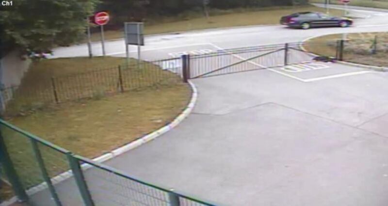 The car is seen driving away from the centre after the dog, collapsed on the ground, was left tied to the gate.