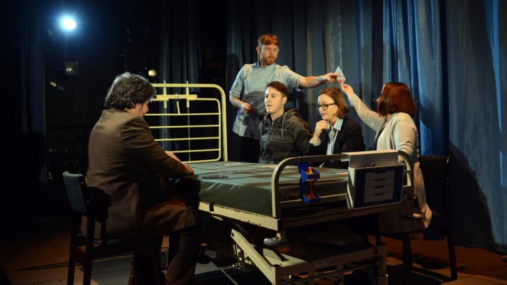 The cast of WillFredd Theatre’s Care in rehearsals at Project Cube: Jack Cawley, Seán Mac Erlaine, Shane O’Reilly, Sonya Kelly and Eleanor Methven. Photograph: Cyril Byrne
