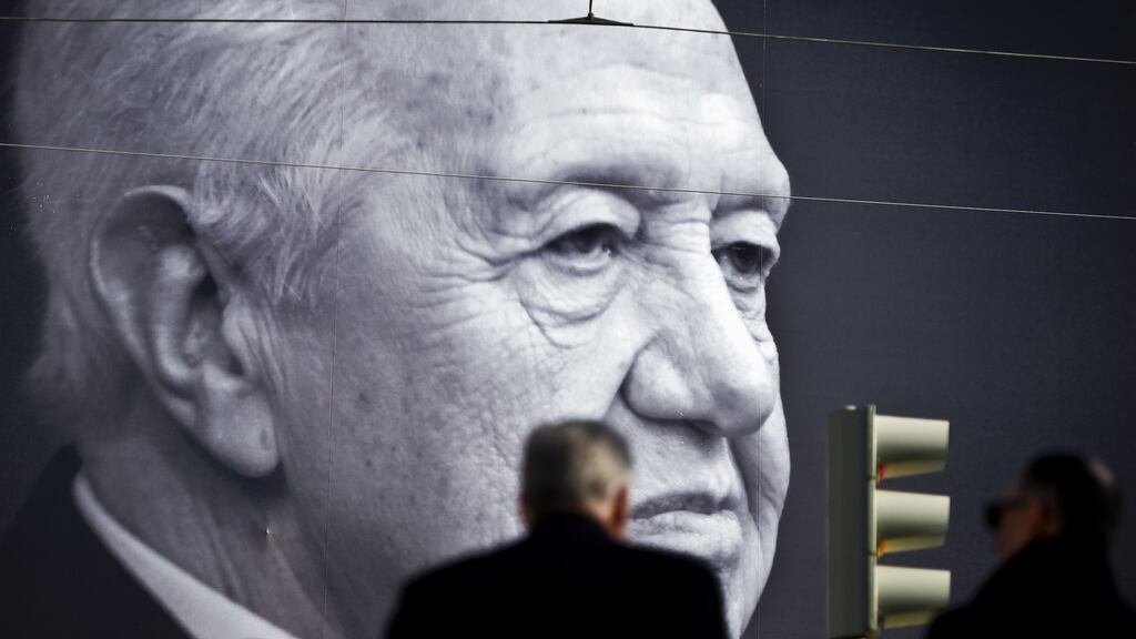 A portrait of Mário Soares is displayed on a facade of the Portuguese Socialist Party headquarters in Lisbon on Sunday, one day after his death. Soares was widely seen as the father of Portugal’s modern-day democracy. Photograph: Patricia de Melo Moreira/AFP/Getty Images