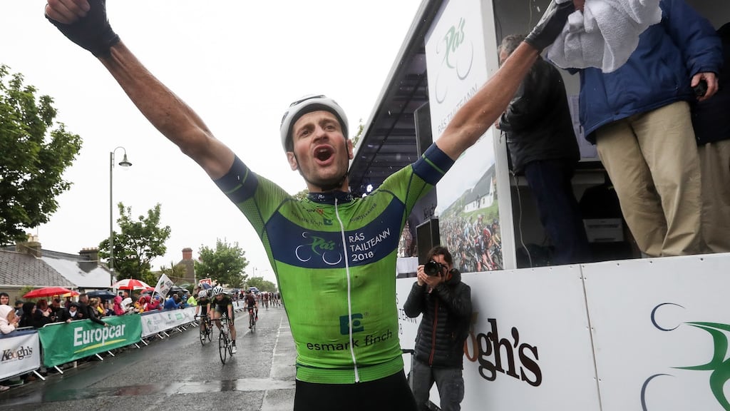 Team Delta X UCI Continental’s Luuc Bugter celebrates after winning the 2018 Rás Tailteann in Skerries. Photograph: Bryan Keane/Inpho