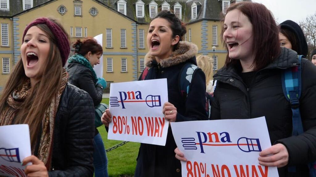 Members of the  Psychiatric Nurses Association and the  Irish Nurses and Midwives Organisation protest outside the HSE headquarters, Dr Steeven's Hospital, Dublin. Photograph: Brenda Fitzsimons/The Irish Times