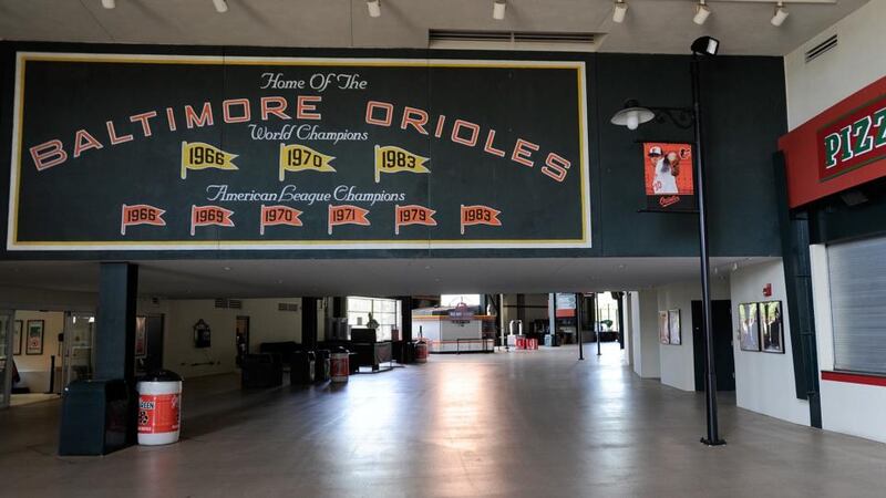 The empty concourse before a game between the Baltimore Orioles and the Chicago White Sox at Oriole Park in Baltimore, Maryland. The game will be played without spectators due to the unrest in the city. Photograph: Greg Fiume/Getty Images