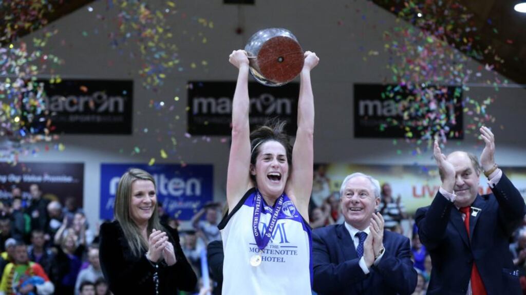 Montenotte Hotel Cork captain Gráinne Dwyer after leading her side to victory in the National Cup final against UL Huskies at the National Basketball Arena, Tallaght, in January. Photograph: Inpho