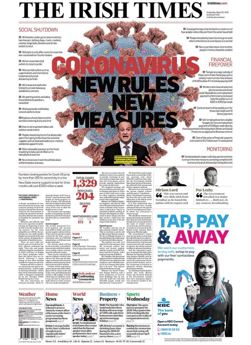 Front page of The Irish Times on March 25th, 2020.
