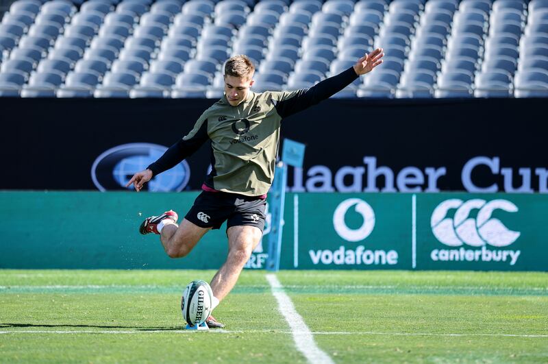 Ireland Rugby Captain's Run, Solider Field, Jack Crowley practises place-kicking in advance of the game against the All Blacks. Photograph: Inpho