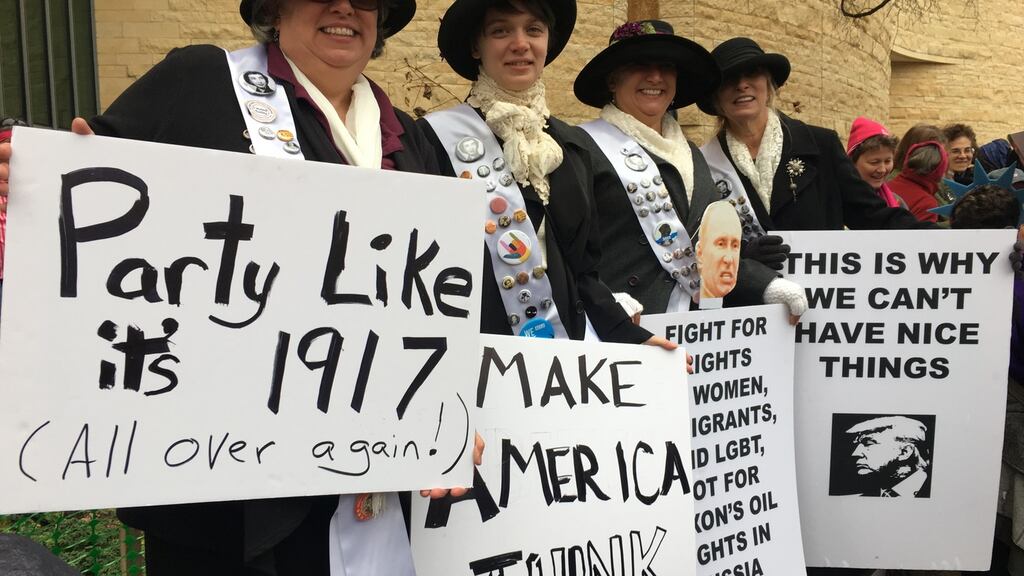 Andrea Beaty (55), her daughter and her two sisters, who travelled from North Carolina and California, were dressed in the purple and white of early 20th century Suffragettes to protest.