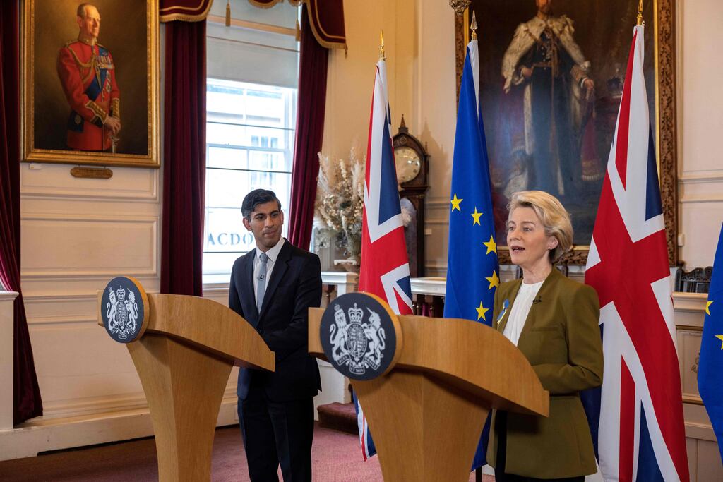 Britain's prime minister Rishi Sunak and European Commission chief Ursula von der Leyen following their meeting at the Fairmont Hotel in Windsor on Monday. Photograph: Dan Kitwood/Pool/AFP via Getty Images