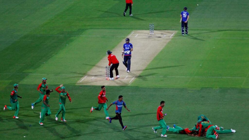 Bangladesh celebrate after consigning England to a 15-run defeat in Adelaide. Photograph: Reuters