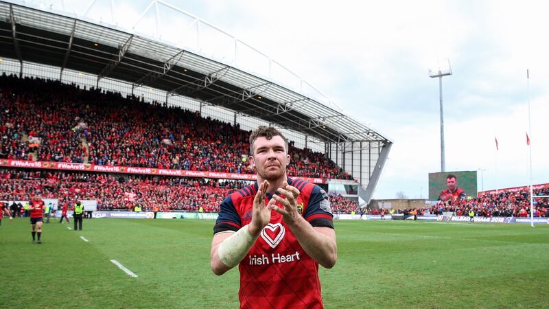 Peter O’Mahony celebrates after the Champions Cup quarter-final win over Toulon last March. Photograph: Gary Carr/Inpho