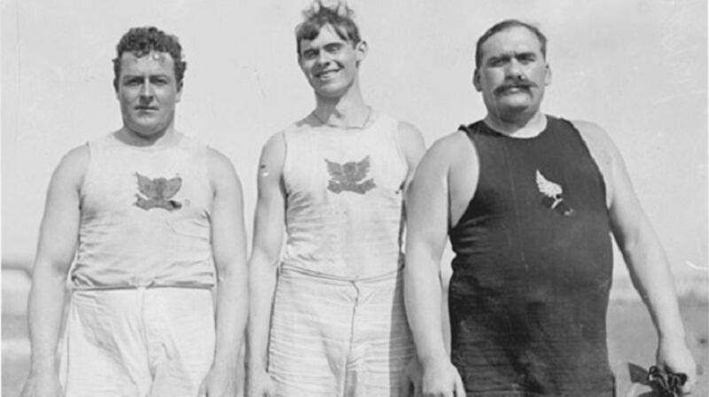 ‘Irish Whales’ John Flanagan and Martin Sheridan of the Irish American Athletic Club and James Mitchel of the New York Athletic Club at the 1904 Summer Olympics. All three native Irishmen were also New York City police officers. Photograph: Chicago Daily News negatives collection, courtesy of the Chicago Historical Society/Wiki Commons