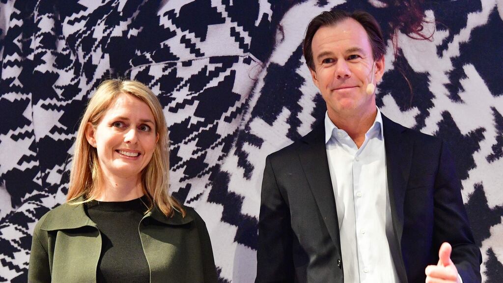 Karl-Johan Persson (right), current CEO of Swedish clothing retail giant Hennes and Mauritz (H&M), and the company’s designated CEO Helena Helmersson. Photograph:  Jonas Ekstromer/TT News Agency/AFP via Getty Images