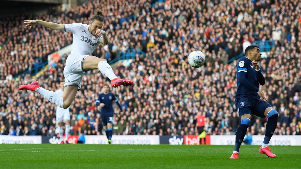 Luke Ayling of Leeds United scores his side’s first goal at Elland Road. Photograph: Getty Images
