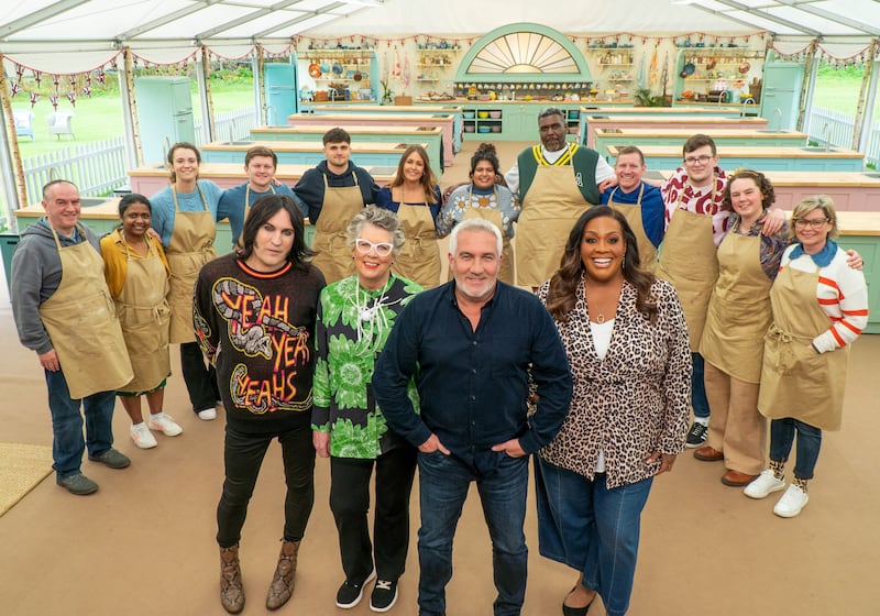 Noel Fielding, Prue Leith, Paul Hollywood and new presenter Allison Hammond with this year's Great British Bake Off contestants. Photograph: Channel 4