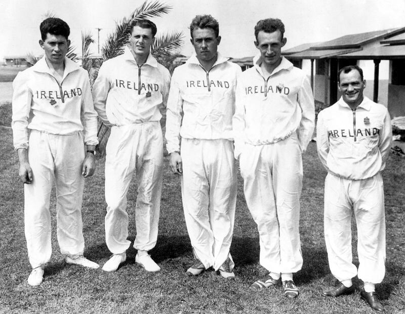 MJ Murphy, Bob Tisdall, Pat O'Callahan, Eamonn Fitzgerald and T Mahoney of the Irish Olympic team at the Olympic village in Los Angeles on July 28th, 1932. Photograph: Keystone-France/Gamma-Rapho via Getty Images