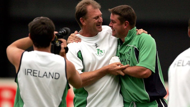 Ireland coach Adrian Birrell celebrates with David Langford-Smith. Photograph: Morgan Treacy/Inpho