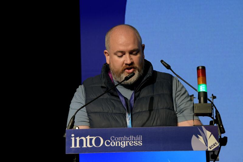 Jason Kenny, a Dublin-based teacher, speaking at the annual congress of the Irish National Teachers' Organisation in Galway. Photograph: Moya Nolan