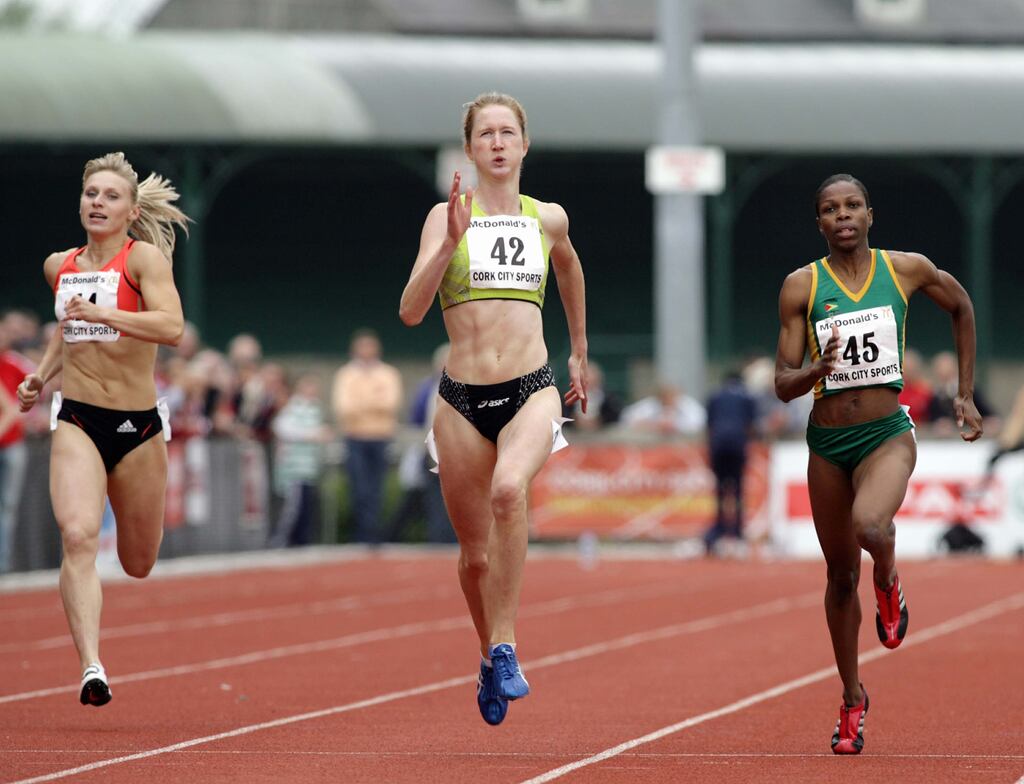 Joanne Cuddihy of Ireland on her way to winning the women's 400m at the Cork City Sports at The Mardyke in 2007. Photograph: Neil Danton/Inpho